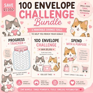 Peut inclure: Un ensemble de téléchargement numérique rose et blanc avec le texte "100 Envelope Challenge Bundle" et des illustrations de chats. Comprend un suivi de progression, un défi des 100 enveloppes et des outils pour dépenser avec un but. Le texte "Économisez 4 600 € !" est également présent.