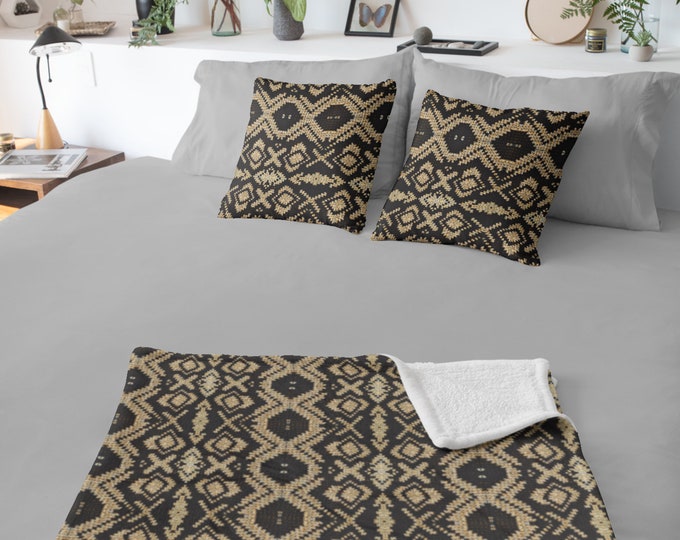 Luxurious Cozy Crochet Design Bundle, Black & Gold Throw Blanket and Pillow Set, Winter Comforts, Perfect Home Gift