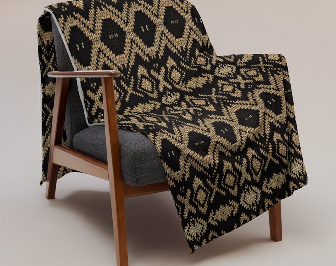 Luxury Gift for Home, Black and Gold Unique Winter Throw, Crochet Design Throw Blanket, Perfect Cozy Gift for Home