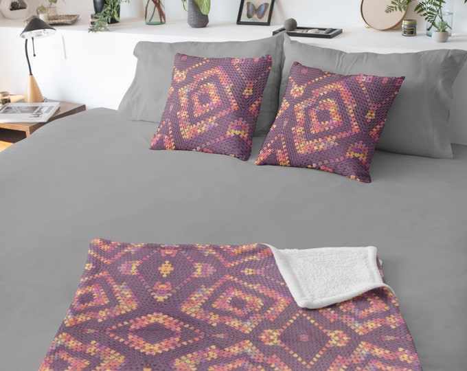 Winter Ready Cozy Gift Alert, Purple Diamond Crochet Design Blanket and Pillow Set, Ideal for Snuggling and Home Comfort