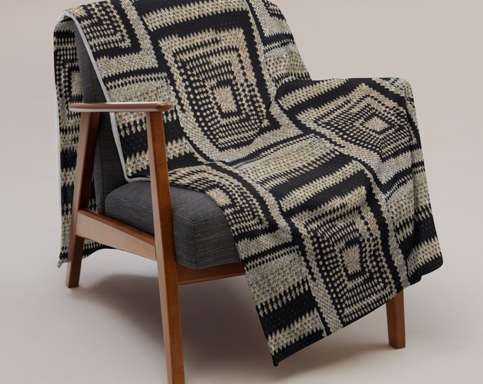 Cozy Crochet Design Throw Blanket, Tan and Black Block Design Patterns, Grandma Blanket for Top College Essentials