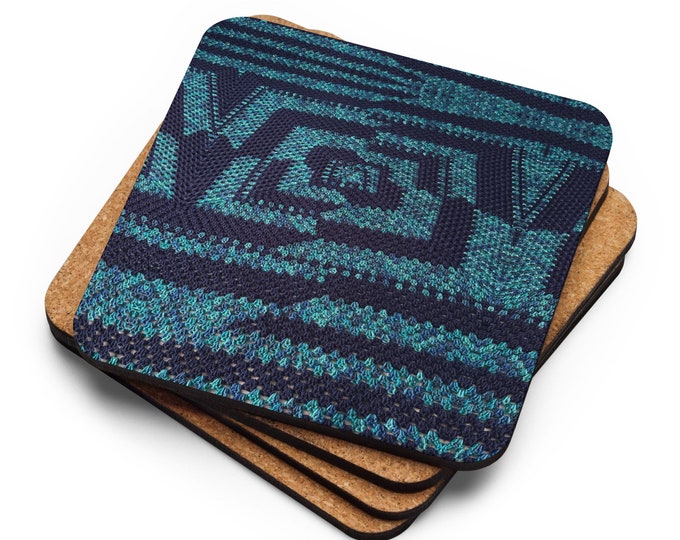Custom Cork Coasters Set of 4, Crochet Pattern Design, Humble Blue Hues – Practical Ideas for Last Minute House Warming Gift