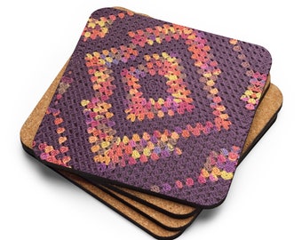 Custom Cork Coasters Drink Set of 4, Crochet Pattern Eye Catching Design – Purple Diamond Clusters, Practical Last Minute Housewarming Gifts