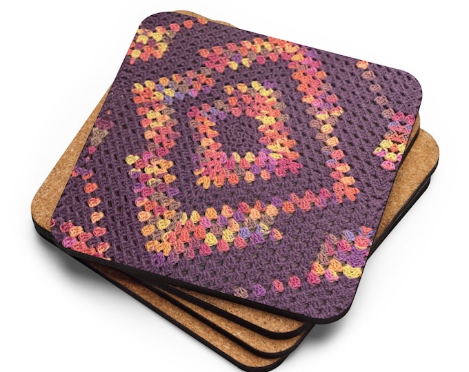 Custom Cork Coasters Drink Set of 4, Crochet Pattern Eye Catching Design – Purple Diamond Clusters, Practical Last Minute Housewarming Gifts