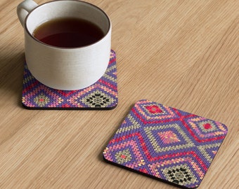 Custom Cork Back Coaster, Crochet Patterns Multi Purple Triangle Design – Accent Table Decor, Practical Last Minute House Warming Gift Ideas