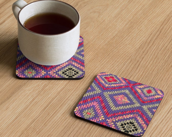 Custom Cork Back Coaster, Crochet Patterns Multi Purple Triangle Design – Accent Table Decor, Practical Last Minute House Warming Gift Ideas