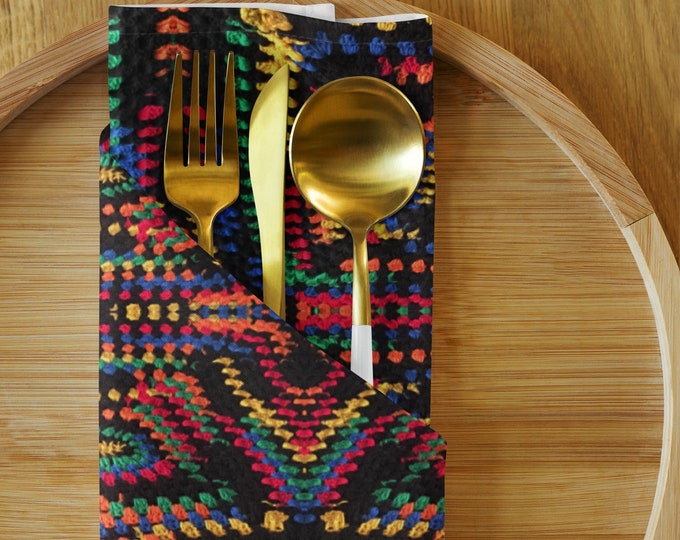 Unique Tableware Gift – Set of 4 Cloth Napkins and Cork Back Coasters, Crochet Design in Mistic Art Hues, Perfect Holiday Gift