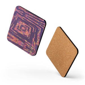 May include: Two square coasters. One has a geometric pattern in purple, pink, and yellow. The other is cork. Both have black edges. The coasters are suitable for placing drinks on.