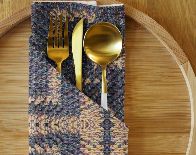 Unique Holiday Gift - Set of Four Tableware in Settled Blues Crochet Design Hues, 4 cloth Napkins and Cork Coasters