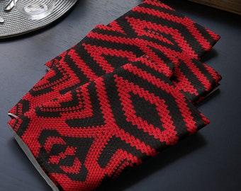 Set of 4 Cloth Napkins, Crochet Black and Red Design Foundational Patterns, Housewarming Gift Ideas, Practical Last Minute Tableware Gifts