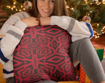 Unique Holiday Gift - Trio of Crochet Design Throw Pillows 22x22, Vibrant Black and Red Hues, Ideal for Home Decor Gift