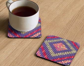Custom Cork Back Coaster, Crochet Patterns Multi Purple Design – Accent Table Decor, Practical Last Minute House Warming Gift Ideas