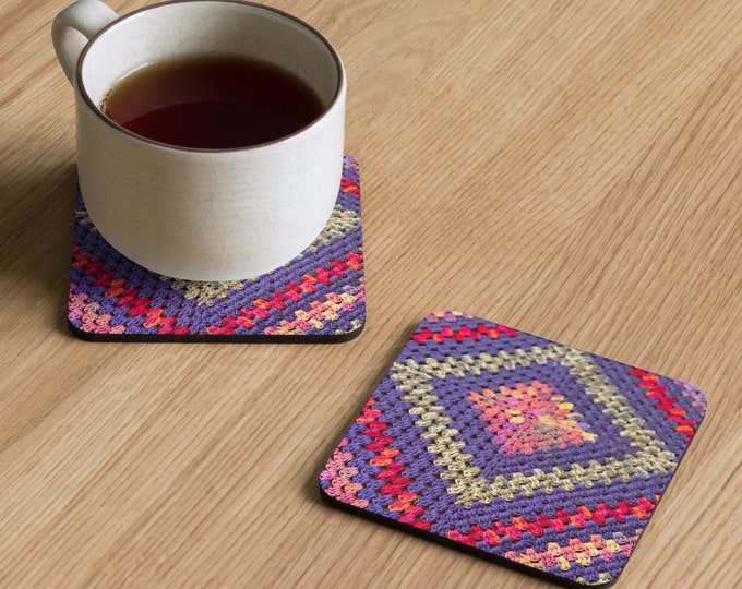 Custom Cork Back Coaster, Crochet Patterns Multi Purple Design – Accent Table Decor, Practical Last Minute House Warming Gift Ideas
