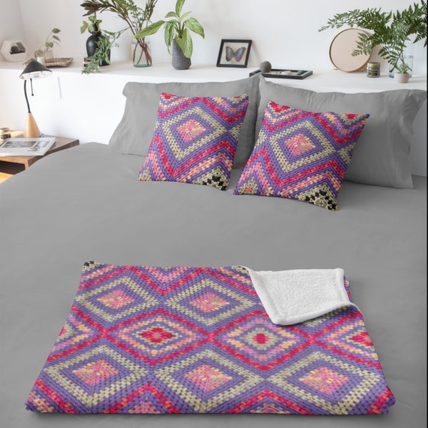 Ensemble de décoration au Design élégant en Crochet, ensemble de couverture et d'oreillers triangulaires multicolores violets pour des intérieurs confortables et magnifiques