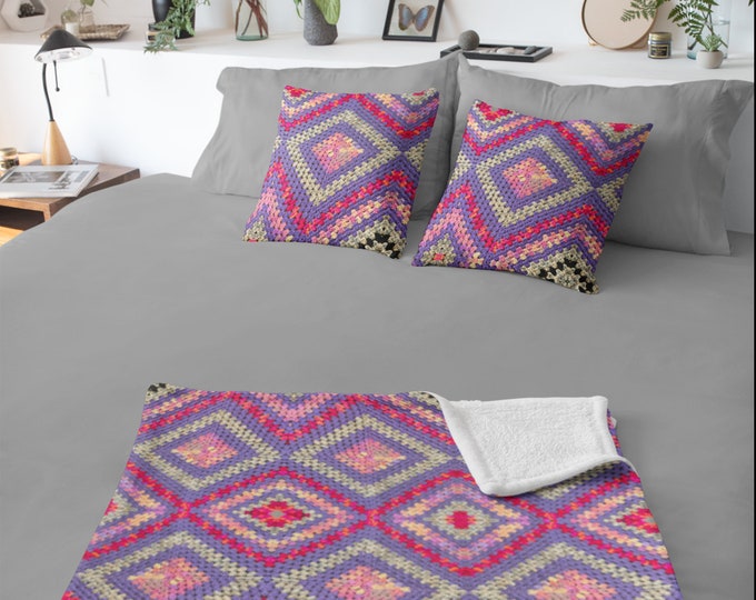 Elegant Crochet Design Decor Bundle, Multi Purple Triangle Throw Blanket and Pillow Set for Cozy and Beautiful Interiors