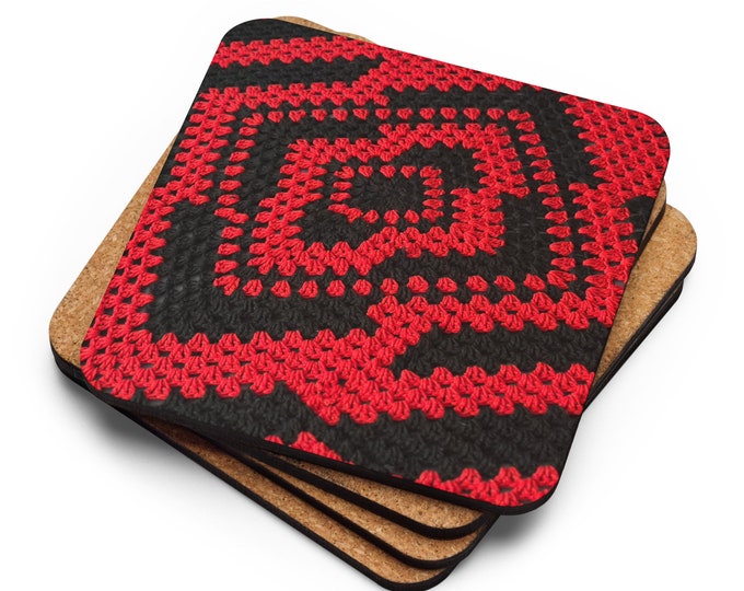 Custom Cork Coasters Drink Set of 4, Crochet Pattern Eye Catching Design - Foundation Back and Red, Practical Last Minute Housewarming Gifts