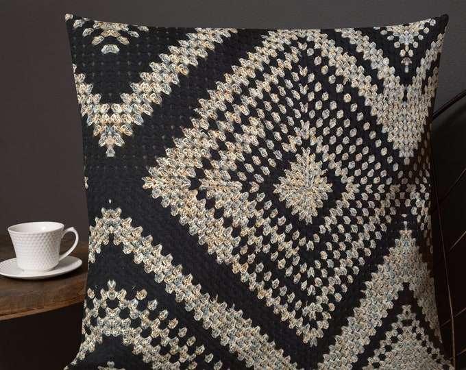 Cozy Throw Pillow with Elegant Crochet Design and Tan/Black Triangle Pattern Perfect for Decorative Accents to Any Room