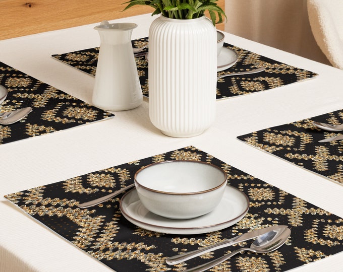 Winter Table Decor Set, Placemats and Runner, Crochet Design Black and Gold Patterns, Practical Last Minute Housewarming Gifts