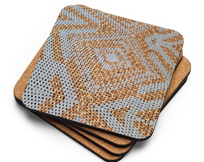 Custom Cork Coasters Drink Set of 4, Crochet Pattern Eye Catching Design in Baby Blue Oasis, Best Practical Last Minute Housewarming Gifts