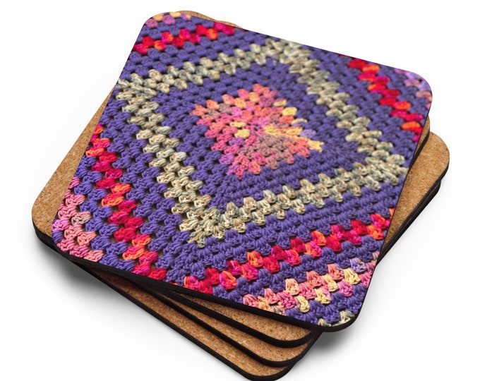 House Warming Gift Set of 4, Cork Coaster Crochet Pattern Multi Purple Triangle Design, Practical Ideas Last Minute Tableware Gifts