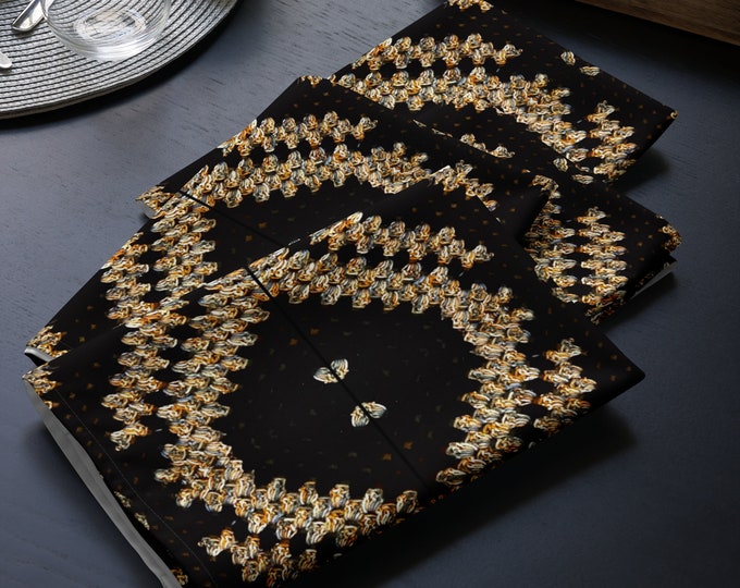 Set of 4 Dinner Napkins, Crochet Design Black and Gold Patterns, Housewarming Gift Ideas, Practical Last Minute Tableware Gifts