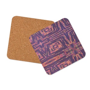 May include: Two square coasters. One is made of cork. The other features a geometric pattern in purple, pink, and yellow. The pattern is composed of small, colourful dots. Coasters are designed to protect surfaces from drink rings.