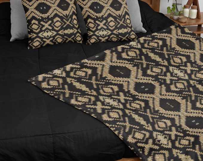 Crochet Design Decor Bundle – Cozy Throw Blanket & Pillow Set in Black and Gold Crochet Pattern, Cozy Winter Comforts