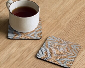Cork Back Coasters with Delicate Crochet Accents, Baby Blue & Brown Oasis Design for Your Nursery