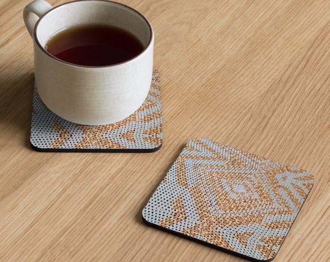 Cork Back Coasters with Delicate Crochet Accents, Baby Blue & Brown Oasis Design for Your Nursery