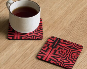 Cork Back Coaster Crochet Design for Fine Dining and Entertaining Rustic Charm with Romance Red and Black Pattern