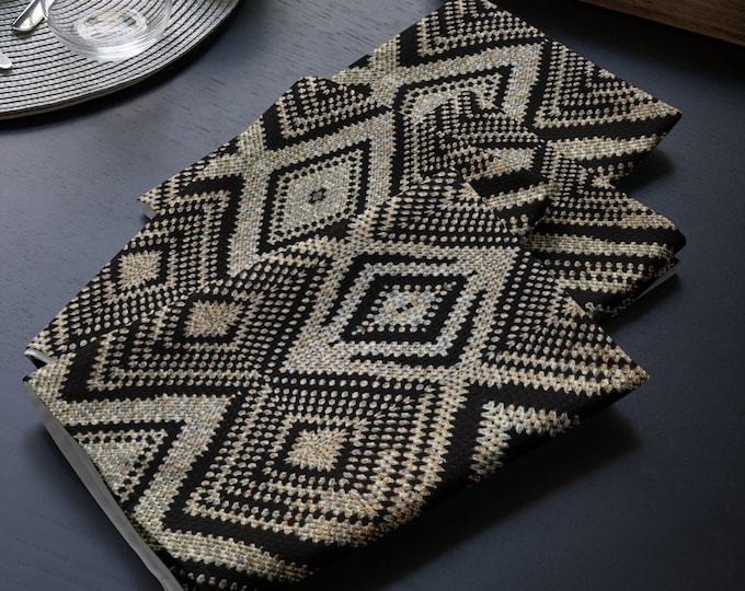 Set of 4 Cloth Napkins, Crochet Design Patterns Tan and Black Triangles, Housewarming Gift Ideas, Practical Last Minute Tableware Gifts