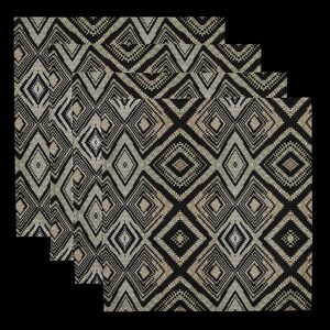 May include: Four square black and beige patterned placemats. The placemats feature a repeating geometric diamond design. The diamonds are outlined in black and filled with a beige, textured pattern. The placemats are arranged on a black background.