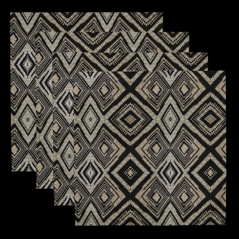 May include: Four square black and beige patterned placemats. The placemats feature a repeating geometric diamond design. The diamonds are outlined in black and filled with a beige, textured pattern. The placemats are arranged on a black background.