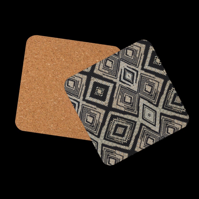 May include: Two square coasters. One is made of cork, the other has a black and beige geometric diamond pattern. The coasters are designed to protect surfaces from heat and moisture.