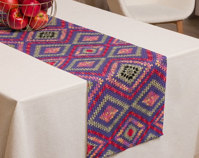 Table Centerpiece Runner, Crochet Patterns Decor in Multi Colors Purple Triangle Design for Dining Room Table Top - Ideal Housewarming Gift