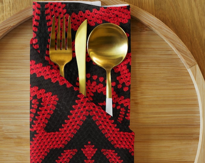 Perfect Holiday Gift, Cork Back Coasters & Cloth Napkins Set of 4 – Black and Red Crochet Design, Table Settings Accent, Gifts Under 100