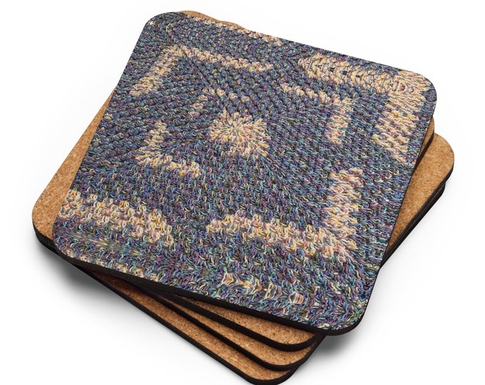 Cork Back Coaster Set of 4, Crochet Design Settle Blues Patterns, Housewarming Gift Ideas, Practical Last Minute Tableware Gifts