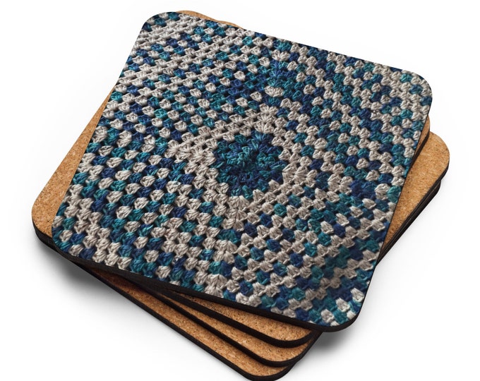 Crochet Pattern Custom Coaster Set of 4 Blue Pearls Design, Durable Cork Backing, Table Protection, Practical Last Minute Housewarming Gifts