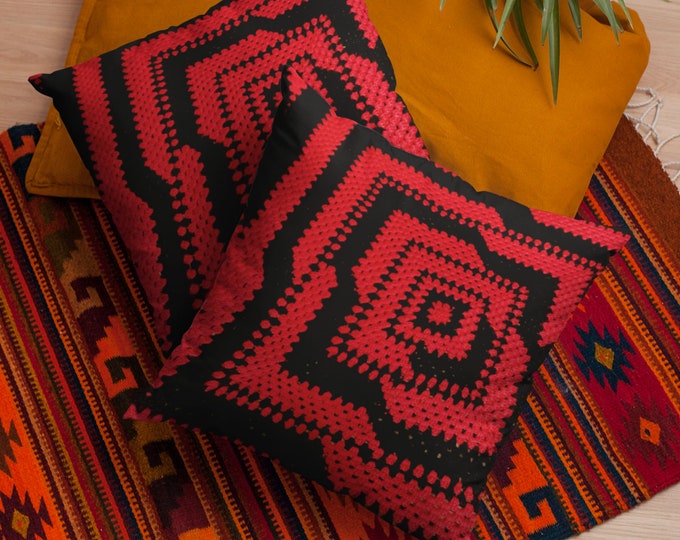Premium Throw Pillow Crochet Design Romance Red and Black Crochet Patterns Décor for Home Accents and College Essentials