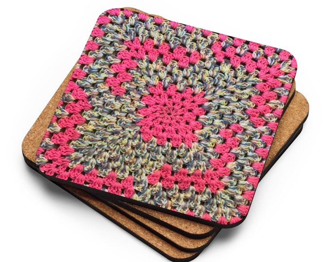 Crochet Pattern Custom Coaster Set of 4 Pink and White Design, with Cork Backing - Table Protection, Practical Last Minute Housewarming Gift