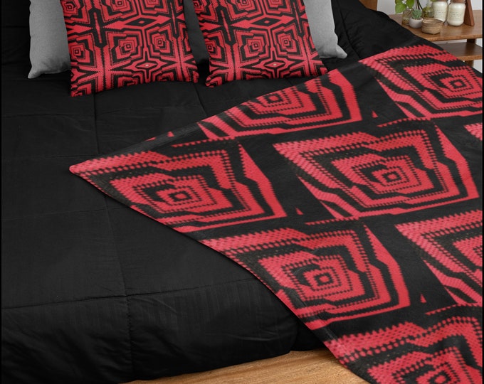 Crochet Decor Bundle, Throw Blanket and Pillow Set in Romance Red Crochet Design Patterns, Perfect Cozy Winter Gift