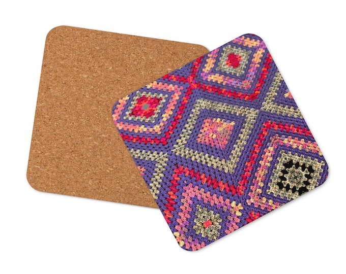 Unique Cork Back Coaster, Crochet Design Mug Rug Table Decor Accents for Tabletop Protection & Trending Reusable Dinner Accessory, Chic Gift