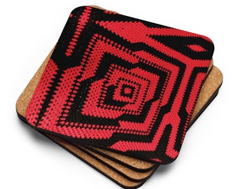 House Warming Gift Set of 4, Cork Coaster Crochet Pattern Red and Black Design, Practical Ideas Last Minute Tableware Gifts