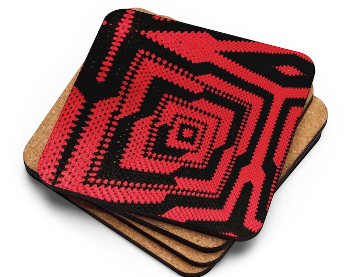 House Warming Gift Set of 4, Cork Coaster Crochet Pattern Red and Black Design, Practical Ideas Last Minute Tableware Gifts
