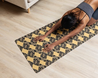 Pilates Mat with Crochet Design Top in Gold Royalty Crochet Pattern for Home Gym, Great for Yoga, Meditation & Prayer