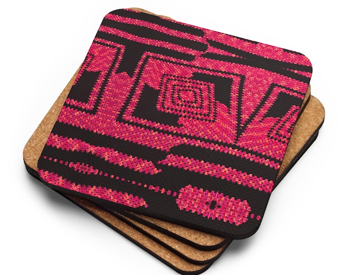 House Warming Gift Set of 4, Cork Coaster Crochet Pattern Check Mate Design, Practical Ideas Last Minute Tableware Gifts