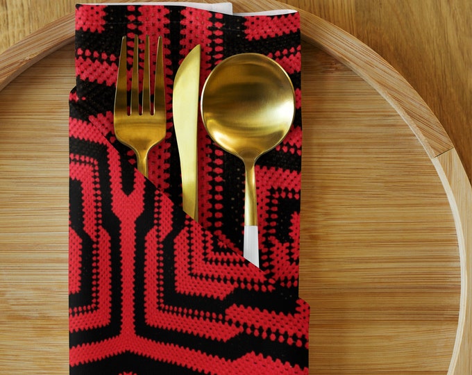 Unique Tableware Gift – Set of 4 Cloth Napkins and Cork Back Coasters, Crochet Design in Romance Red and Black Hues, Perfet Holiday Gift