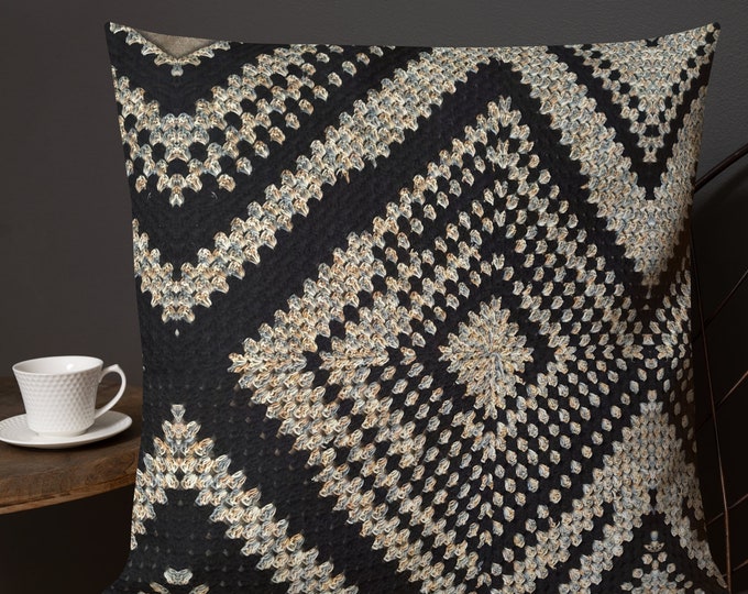Decorative Throw Pillow Premium, Crochet Accent Pattern Tan and Black Triangle Outdoor Pillow for Patio Décor Essentials