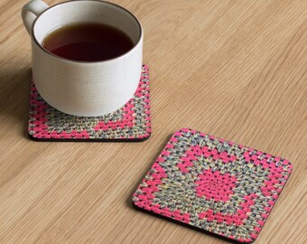 Cork Back Coaster with Crochet Design Whimsical Pink & Multi Bright Unique and Stunning Crochet Pattern!