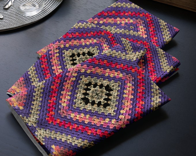 Dinner Napkins Set of 4, Multi Purple Crochet Design Triangle Patterns, Housewarming Gift Ideas, Practical Last Minute Tableware Gifts